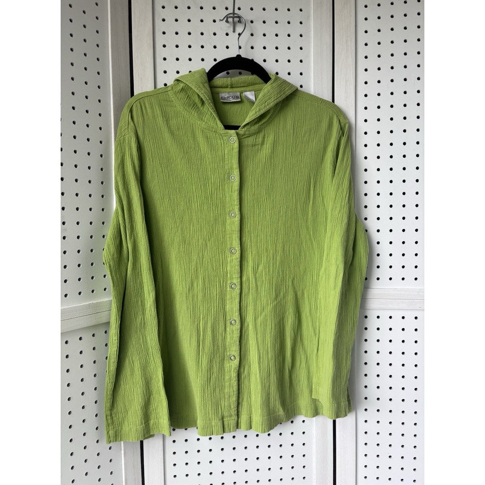 Chico's Green Crinkle Cotton Hoodie Size 1 US M Long SLV Top Snap Front Light